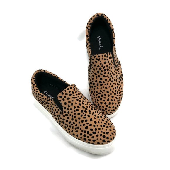 Shoes - Beige Cheetah Print Faux Suede Slip On Sneakers